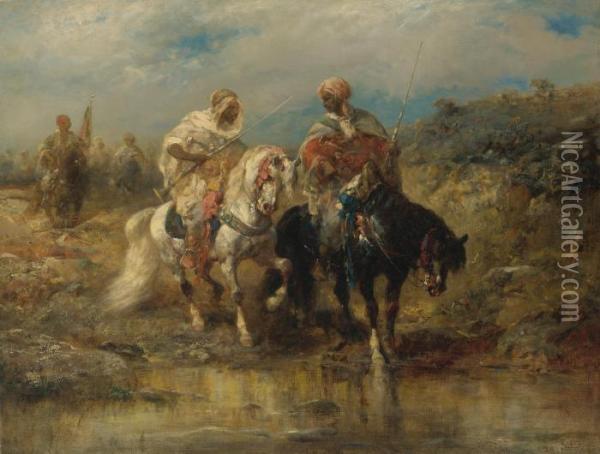Horsemen At A Watering Hole Oil Painting - Adolf Schreyer