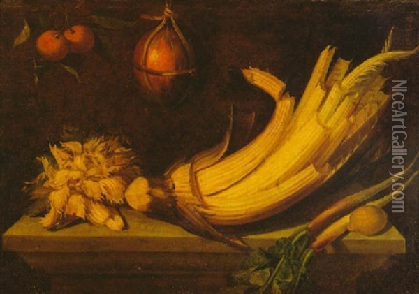 Bodegon Con Cardo, Rabanos Y Limon Sobre Una Mesa Con Naranjas Y Un Melon Colgados Oil Painting - Juan (Fray) Sanchez y Cotan