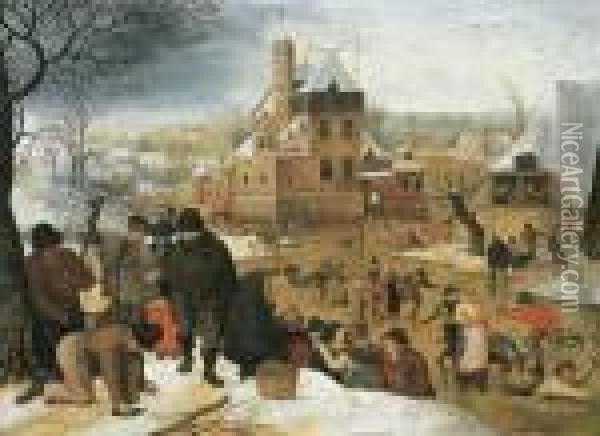 A Winter Landscape With Peasants
 Skating And Playing Kolf On A Frozen River, A Town Beyond Oil Painting - Pieter The Younger Brueghel
