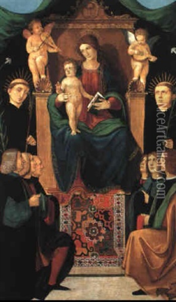 Madonna And Child Enthroned With Two Angels, Two Beati, And Six Donors Oil Painting - Bernadino Zenale