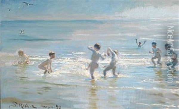 En Flok Drenge Ude I Det Solglitrende Vand Oil Painting - Peder Severin Kroyer