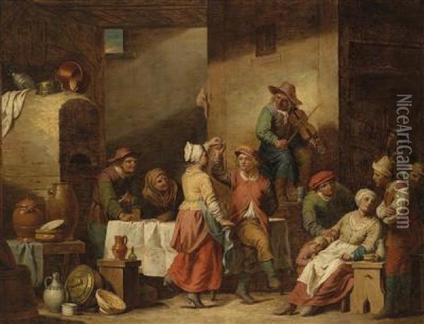 A Barn Interior With Dancing Peasants Oil Painting - Jan Joseph Verhaghen