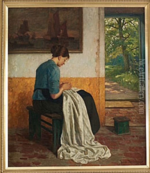 Kvinna Som Syr Oil Painting - Henrik Nordenberg