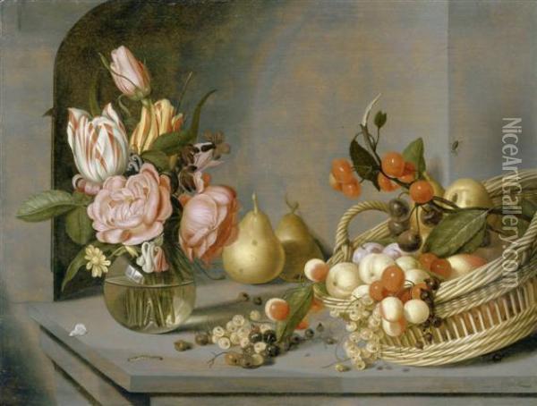 Still Life With Bouquet Of Flowers In A Vase And A Fruit Basket In A Niche Oil Painting - Ambrosius the Younger Bosschaert