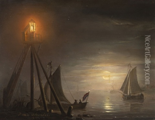 Hafeneinfahrt Bei Mondschein Oil Painting - Petrus van Schendel