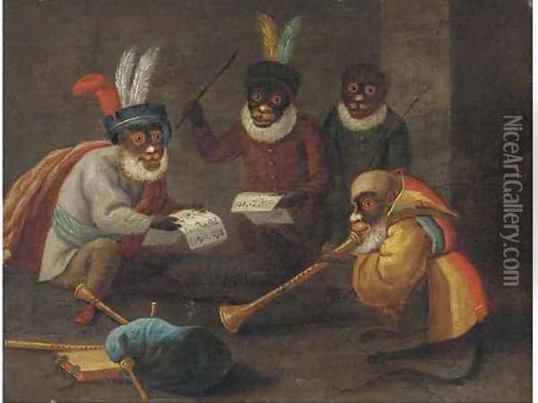 Singeries monkeys dining and making music Oil Painting - David The Younger Teniers