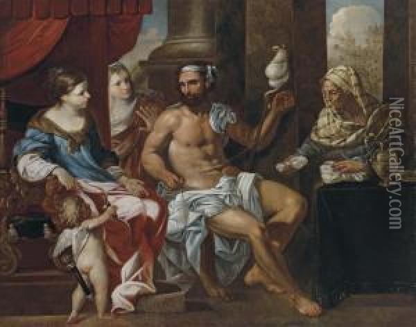 Hercules Spinning Thread In Omphale's Palace Oil Painting - Johann Heiss