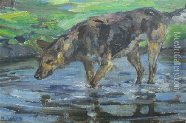 Portrait Eines Schaferhundes Im Wasser Oil Painting - Willy Tiedjen