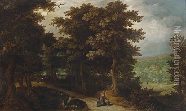 A Wooded Landscape With Latona Turning The Peasants Into Frogs Oil Painting - Abraham Govaerts