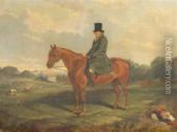 A Gentleman Seated On His 
Chestnut Horse In An Extensive Landscape With Figures Hunting Beyond Oil Painting - Harry Hall