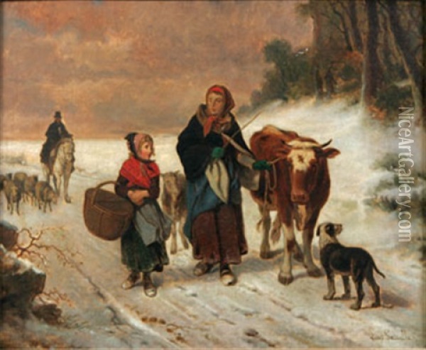 Familj Med Boskap I Vinterlandskap Oil Painting - Louis Simon Cabaillot Lassalle