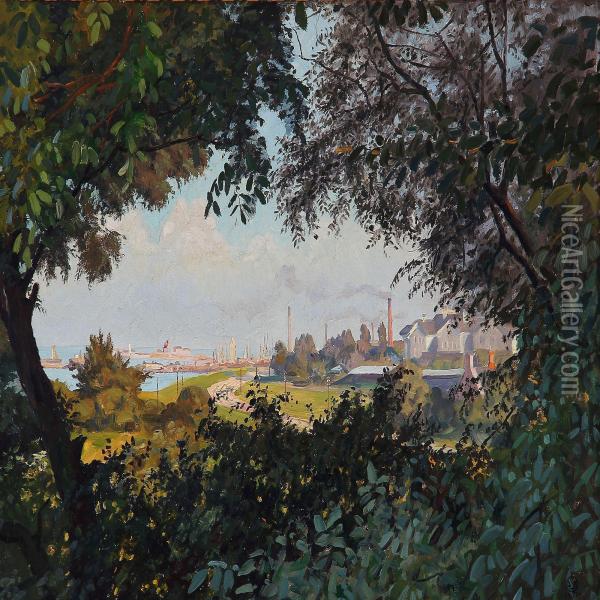 View From A Forest To Svanemollebugten Bay Oil Painting - Sigurd Solver Schou
