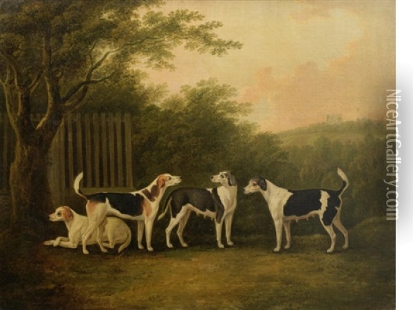 A Pair Of Hounds And A Pair Of Bitches In A Landscape With A Castle Beyond Oil Painting - John Nost Sartorius