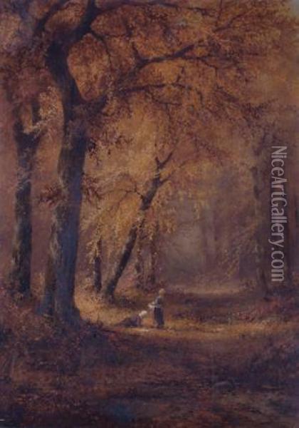 Figures In A Forest Interior, Autumn Oil Painting - Thomas Bigelow Craig