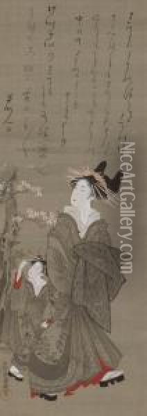 Courtesan And Attendant Walking Beneath Cherry Blossoms Oil Painting - Kubo Shunman