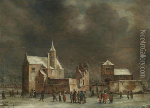 A View Of Wulven Castle In Winter With Figures Skating On Theice Oil Painting - Anthonie Beerstraten