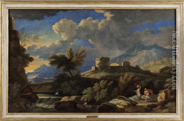 Paesaggio Fluviale Con Figure E Rocca Sul Fondo Oil Painting - Carlo Antonio Tavella