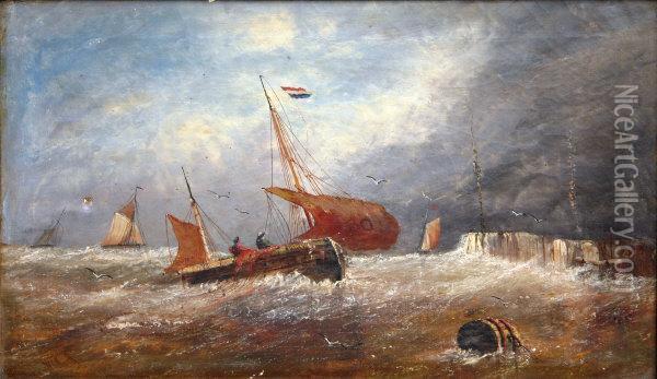 Dutch Fishing Boats In Choppy Seas Off Coast Oil Painting - William Calcott Knell