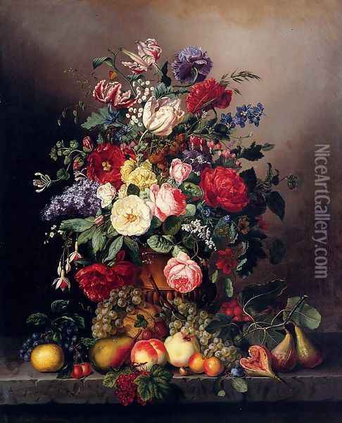 A Still Life With Assorted Flowers, Fruit And Insects On A Ledge Oil Painting - Amalie Kaercher