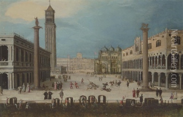 A Carnival In The Piazetta, Venice, Looking Towards The Piazza San Marco Oil Painting - Louis de Caullery