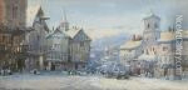 A Flemish Town Scene In Winter Oil Painting - Noel Harry Leaver