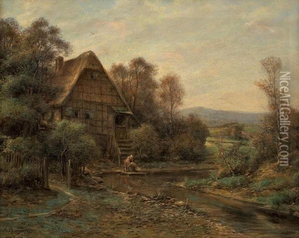 Landschaft Mitfachwerkhaus Und Wascherin An Einem Bach Oil Painting - Anton Burger