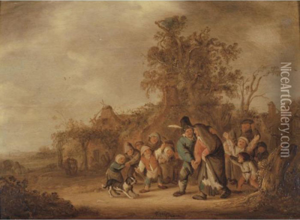 Peasant Guiding His Drunken Wife, Ridiculed By A Group Of Children Oil Painting - Isaack Jansz. van Ostade