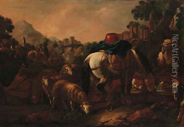 A drover with a bull, sheep, goats and a packhorse at a fountain in a mountainous landscape Oil Painting - Philipp Peter Roos
