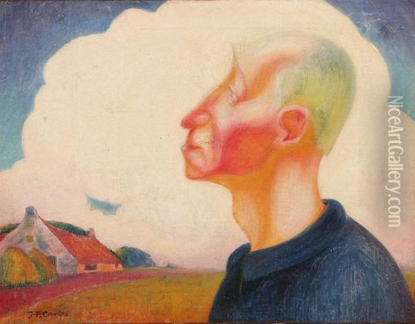 Farmer's Head In Profile In Front Of The Farmhouse Oil Painting - Jan-Frans Cantre'