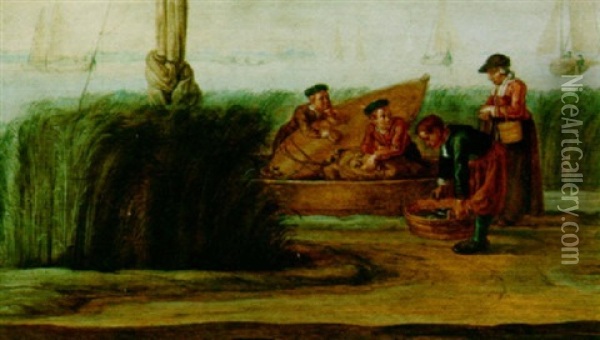 A River Landscape With Fishermen Unloading Their Catch Oil Painting - Arent (Cabel) Arentsz