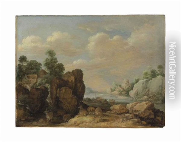 A Landscape With An Estuary And A Deer Oil Painting - Gillis Claesz De Hondecoeter