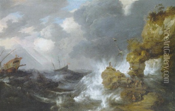 A Waler Shipwrecked Off A Rocky Coast In A Gale, With Men Coming To The Rescue Oil Painting - Bonaventura Peeters the Elder