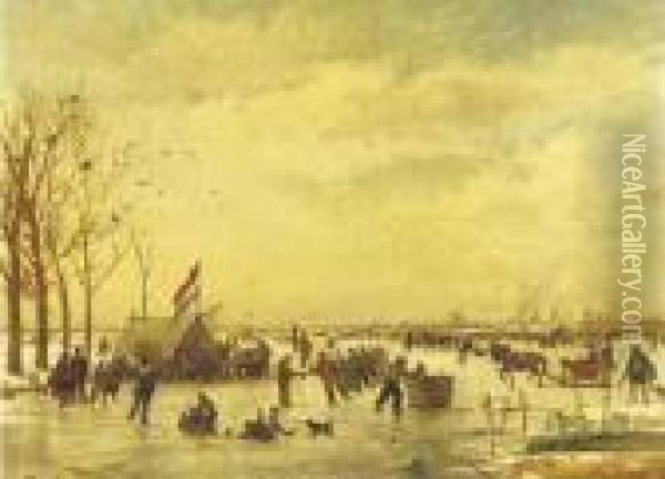 Hollandsch Ijsvermaak: A 
Populous Crowd Enjoying A Day On The Ice With Rotterdam In The Distance Oil Painting - Willem Roelofs