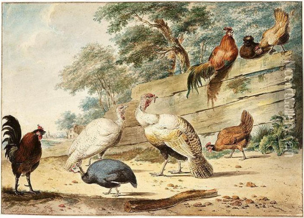Turkeys, Chickens And A Guinea Fowl By A Wooden Fence Oil Painting - Christiaan Henning