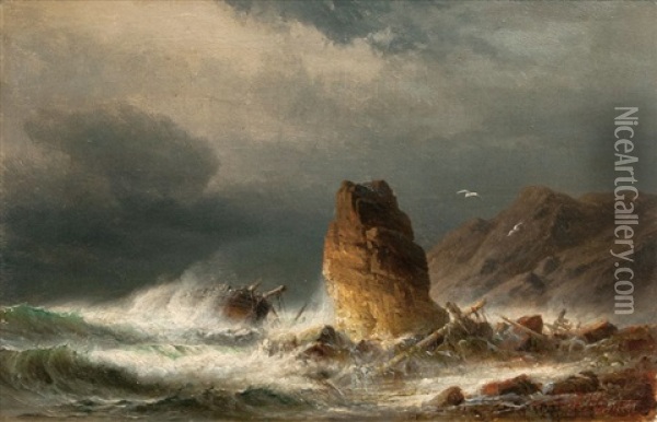 Dramatic Shipwreck Oil Painting - Franz Johann (Wilhelm) Huenten