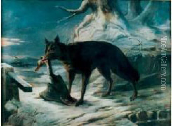 Le Loup Et Sa Proie Dans Un Paysage De Neige Oil Painting - Auguste Louis Mathurin Moreau