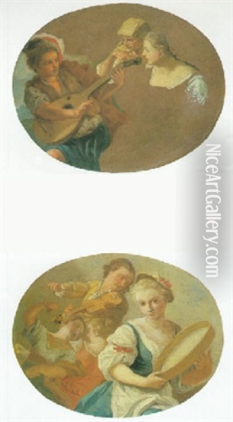 A Study Of A Boy Playing A Mandolin For Two Women Oil Painting - Francesco de Mura