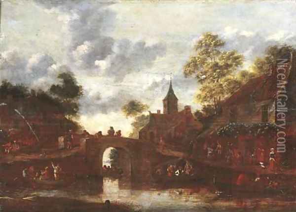 A village landscape with figures in rowing boats on a river Oil Painting - Dionys Verburgh