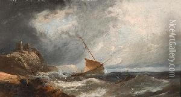 Fishing Boat Off The Coast In A Squall Oil Painting - T.H. Williams