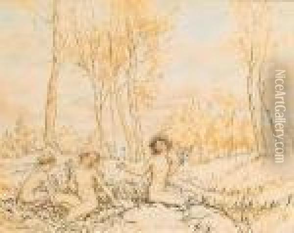 Three Wood Nymphs Gathering Flowers In A Wood Oil Painting - Arthur Rackham