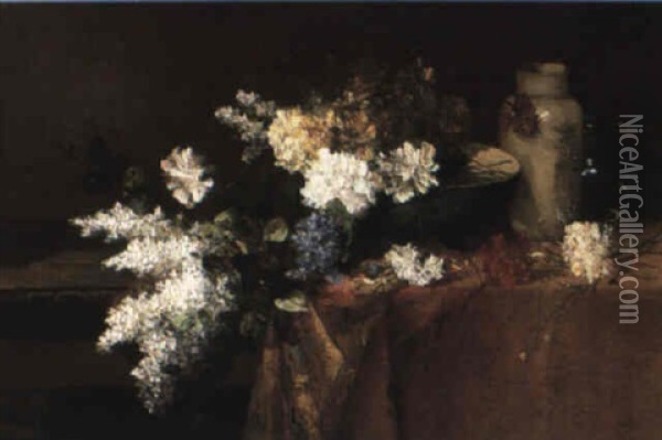 Lilacs, Carnations, A Glass Ewre And Vases On A Table Top Oil Painting - Alfred Rouby