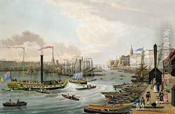 A View of London Bridge and the Custom House with the Margate Steam Yachts Oil Painting - Robert the Elder Havell