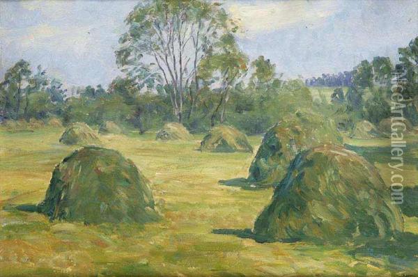 A Landscape With Hay Stacks Oil Painting - Frantisek Kavan
