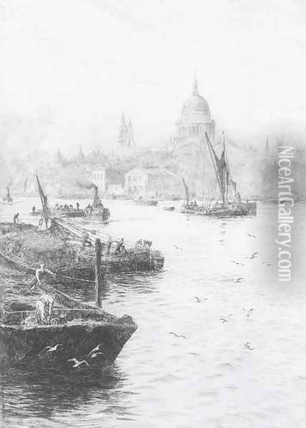 Barges on the Thames before St. Paul's Cathedral Oil Painting - William Lionel Wyllie