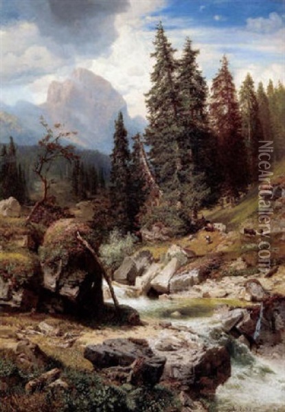 Herde Am Gebirgsbach Oil Painting - Robert Russ
