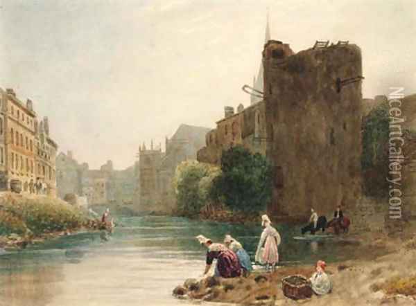 Women washing clothes in a French town river Oil Painting - Frederick Nash