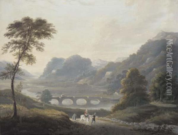 Travellers On A Track In A River Landscape Oil Painting - Julius Caesar Ibbetson