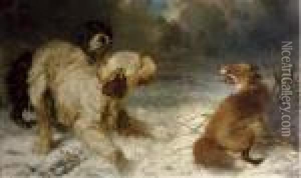 A Fox Trapped By Two Hunting Dogs Oil Painting - Carl Fredrik Kioerboe