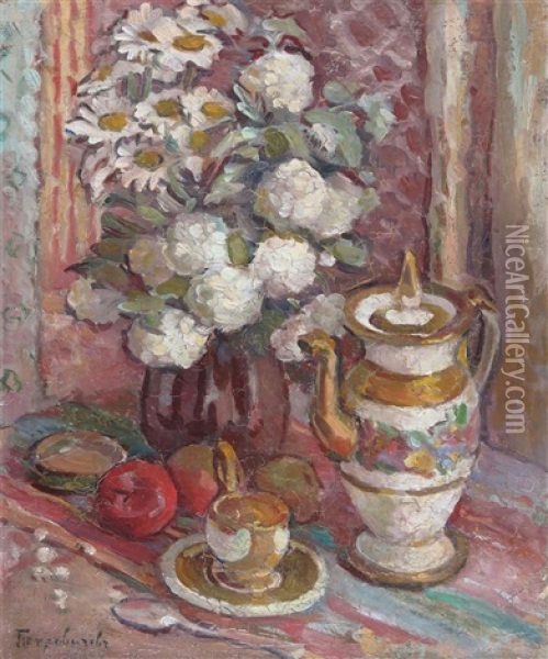 Still Life Of Flowers In A Vase With A Teapot Oil Painting - Petr Ivanovich Petrovichev