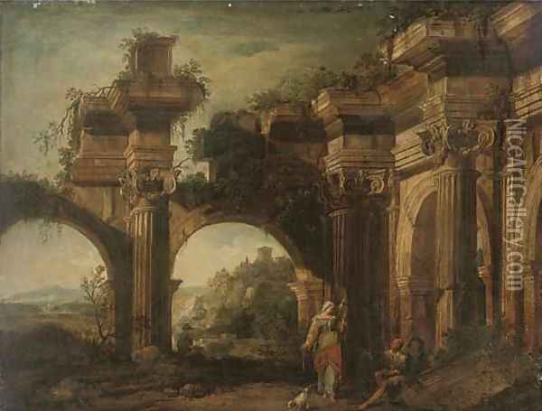 A capriccio of classical ruins with figures in the foreground Oil Painting - Viviano Codazzi